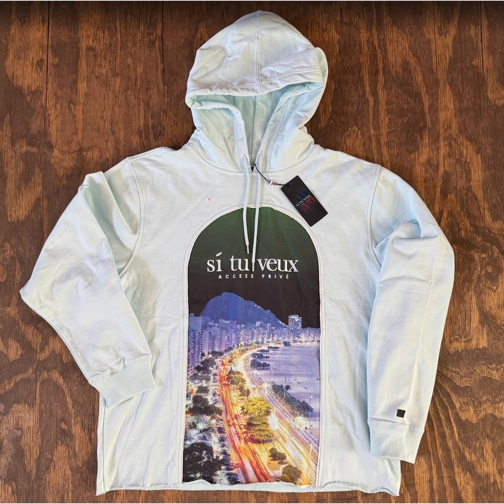 NWT Si Tu Veux Accès Privé XL Graphic Hoodie Cityscape Raw Hem Loose Fit